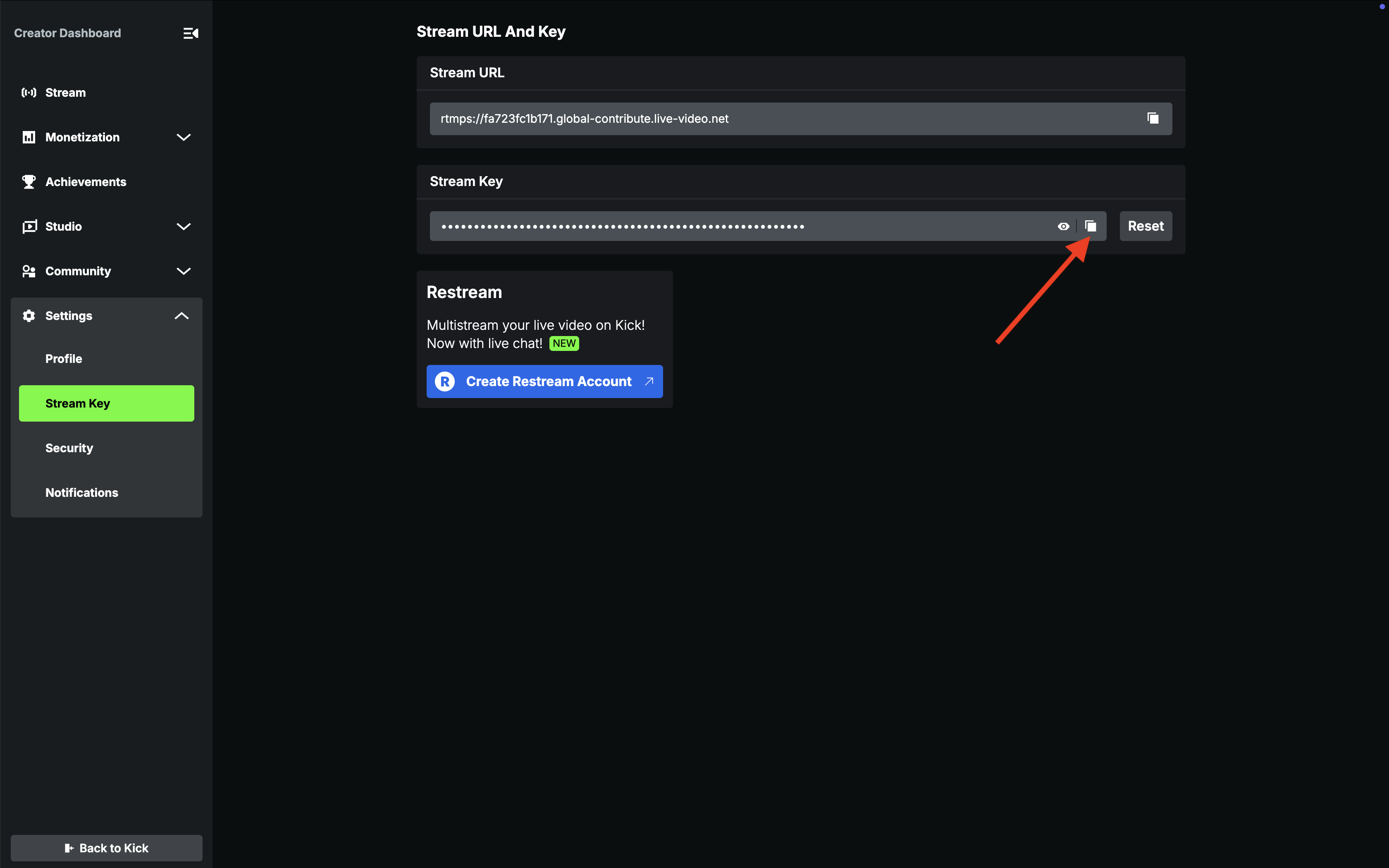 Copy Stream URL and Stream Key