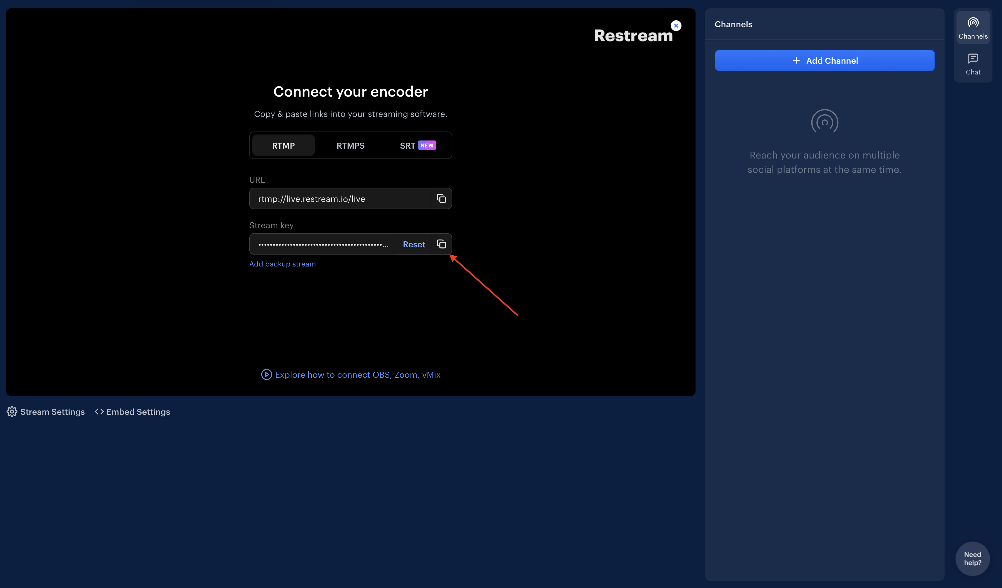 Copy RTMP URL and Stream Key