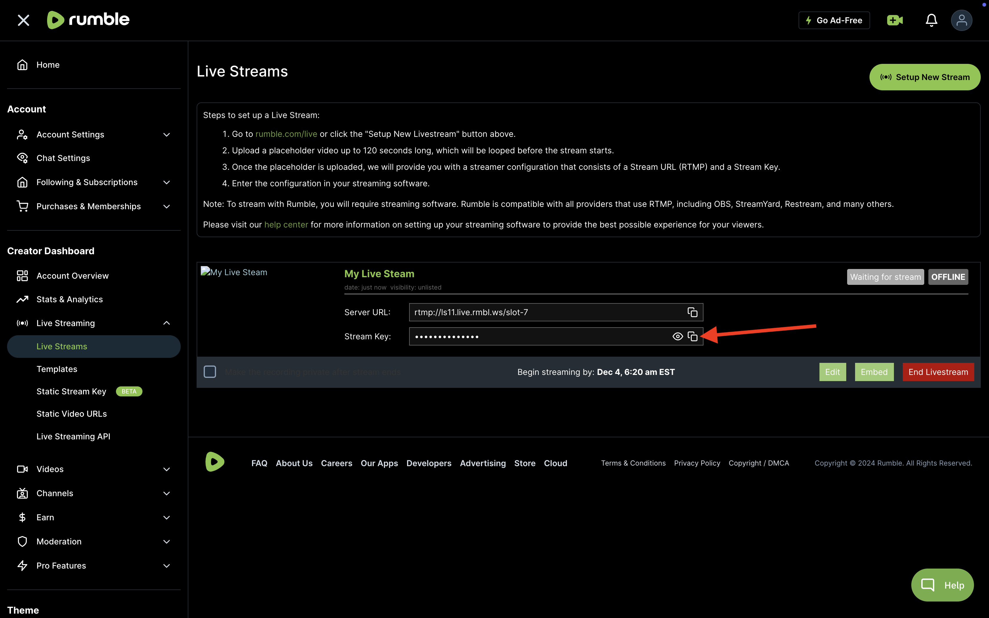 Copy Stream URL and Stream Key