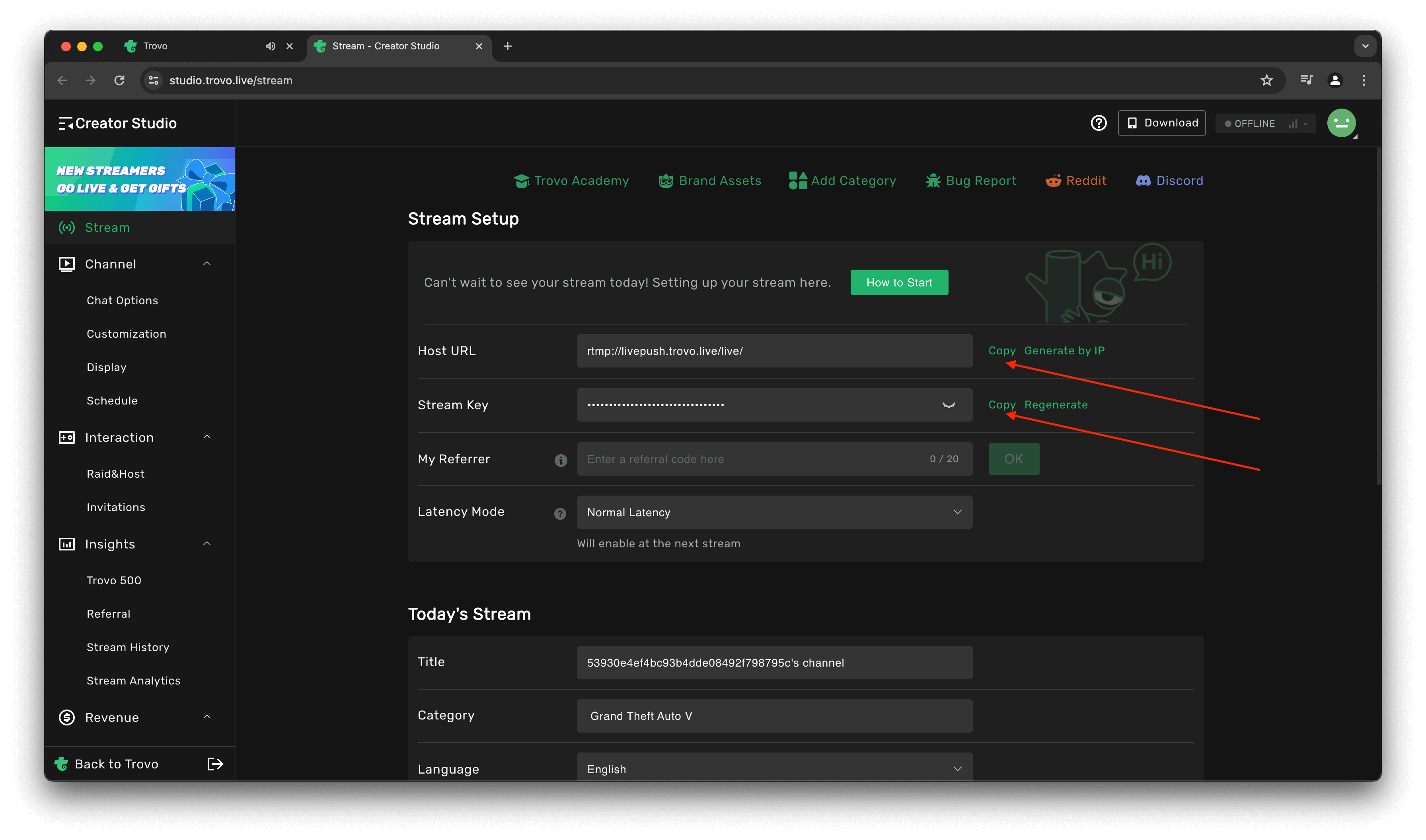 Copy Host URL and Stream Key