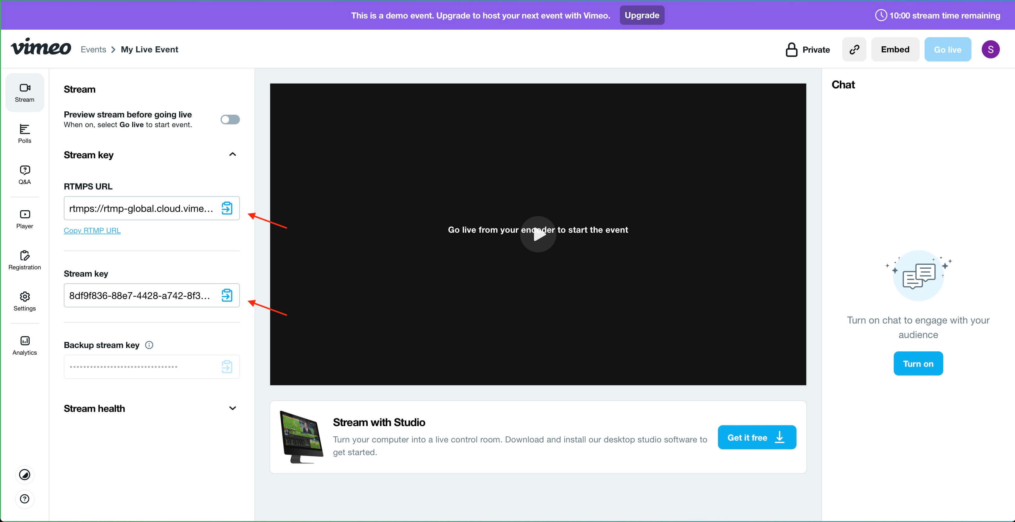 Copy RTMP URL and Stream Key
